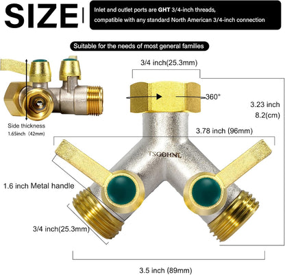 Hose Splitter 2 Way, Y-Valve Water Spigot Splitter, High Flow Faucet Splitter, 3/4" GHT Thickened Hexagonal Water Inlet with 2 Garden Hose Coiled Spring Protectors and 2 More Extension Handles