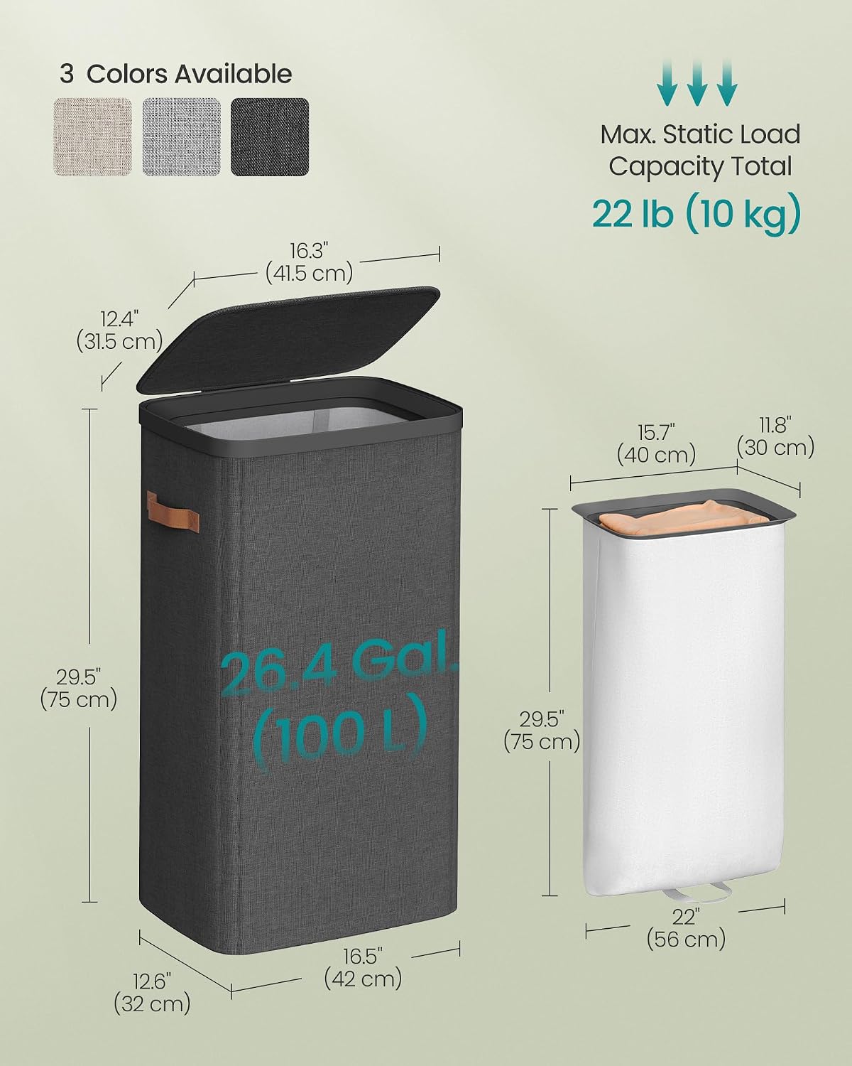 SONGMICS Laundry Basket, 50.2 Gal. Laundry Hamper, 3 Compartments, Easy Assembly, with Lid and Handles, Removable Liners, 25.2 x 15.7 x 29.5 Inches, Cappuccino Beige ULCB814LH01