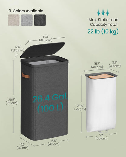 SONGMICS Laundry Basket, 50.2 Gal. Laundry Hamper, 3 Compartments, Easy Assembly, with Lid and Handles, Removable Liners, 25.2 x 15.7 x 29.5 Inches, Cappuccino Beige ULCB814LH01