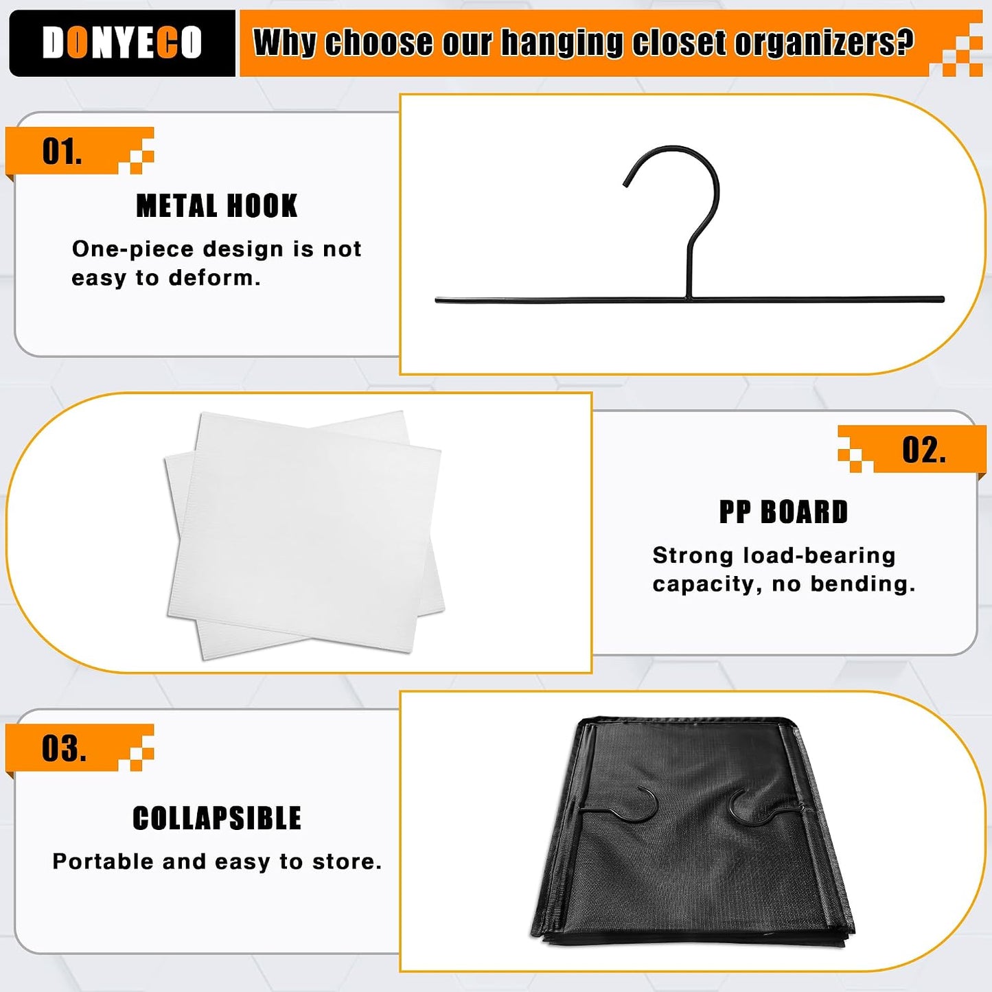 Hanging Closet Organizer 3-Shelf, Oxford Fabric Wardrobe Storage, Gray | Easy-mount foldable design holds clothes, handbags, shoes & accessories; washable Oxford fabric, sturdy and space-saving.