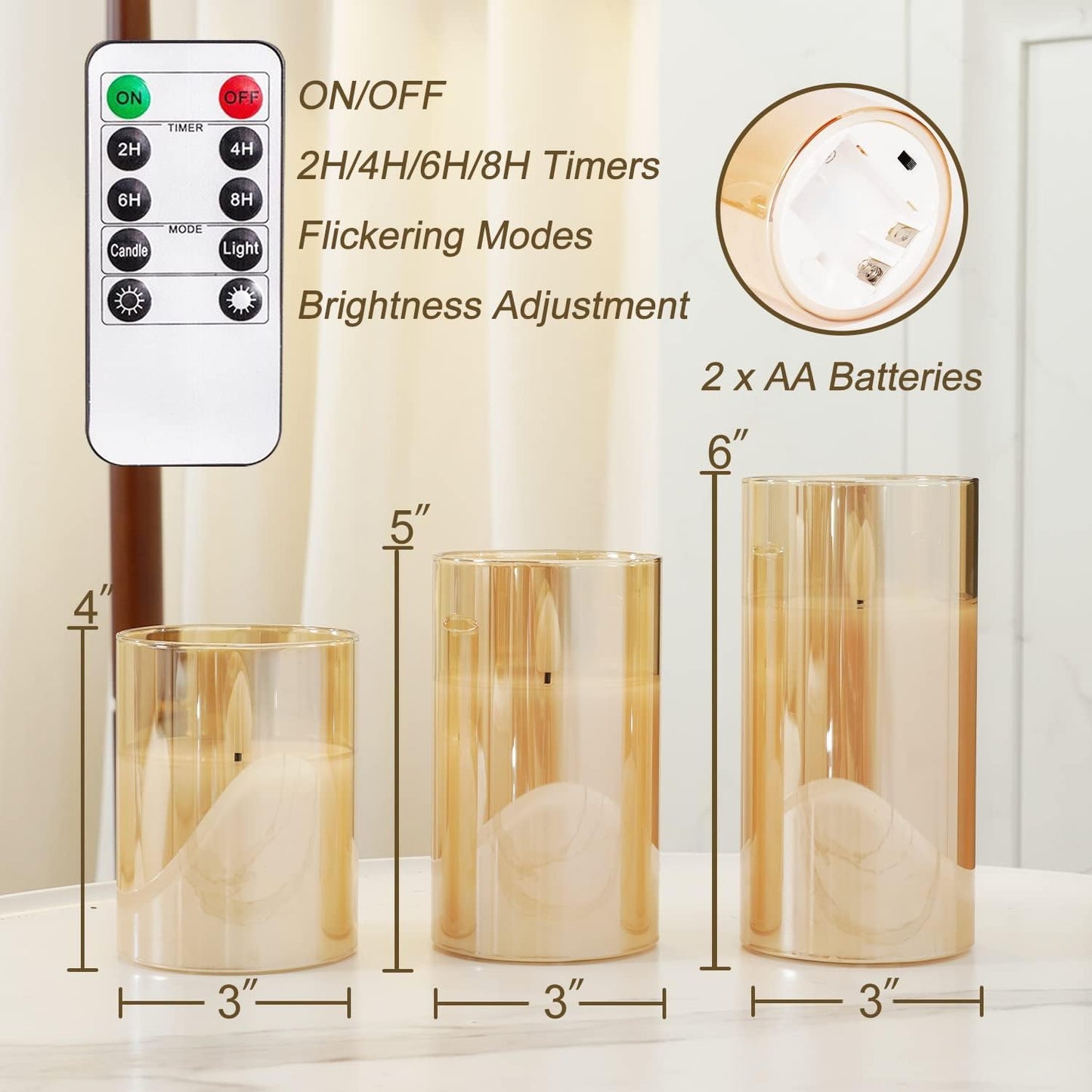 Homemory Green Glass Flameless Candles, Battery Operated LED Pillar Candles with Remote Control and Timer, Radiance Candles, Real Wax, Set of 3,D3 xH4 5" 6"