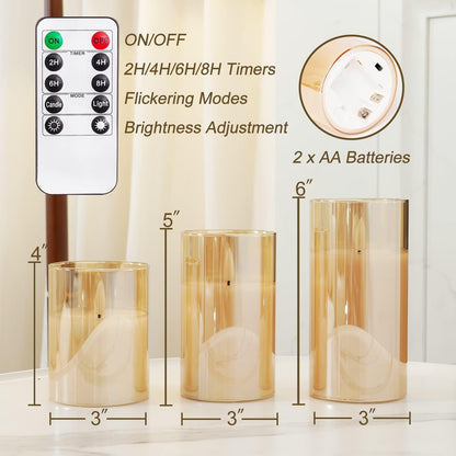 Homemory Green Glass Flameless Candles, Battery Operated LED Pillar Candles with Remote Control and Timer, Radiance Candles, Real Wax, Set of 3,D3 xH4 5" 6"
