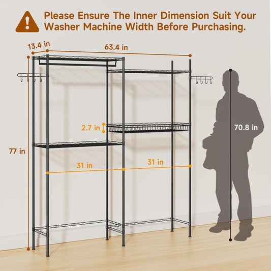 Over Washer and Dryer Storage Shelves, 4 Tiers Standing Clothes Drying Rack with Basket, Hanger Rod & Hooks for Laundry Room Storage Organization, Black