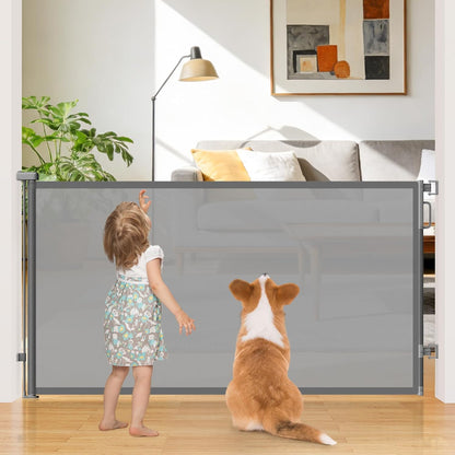 Retractable Baby Gate for Stairs & Doorways, Mesh Dog Gate Indoor Outdoor, Extends to 55" Wide 34" Tall Child Gate for Hallways, Deck, Porch, Pet Toddler Safety Essentials, Easy Install, Grey