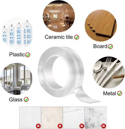 Double Sided Adhesive Nano Tape,Transparent Strong Washable Adhesive Traceless Gel Tape,Removable and Reusable Sticky Anti Slip Tape for Home,Wall,Room,Office Decor (9.84 FT)