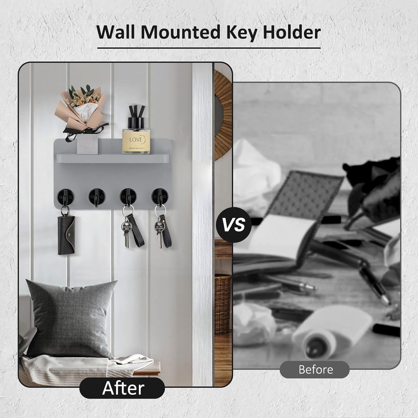 Nekon Key Holder Wall Mount, 8.5 Inch Small Home Decor Wooden Wall Organizer with 4 Hooks and Shelf, Wall Decor for Living Room Entryway Kitchen (Brown)