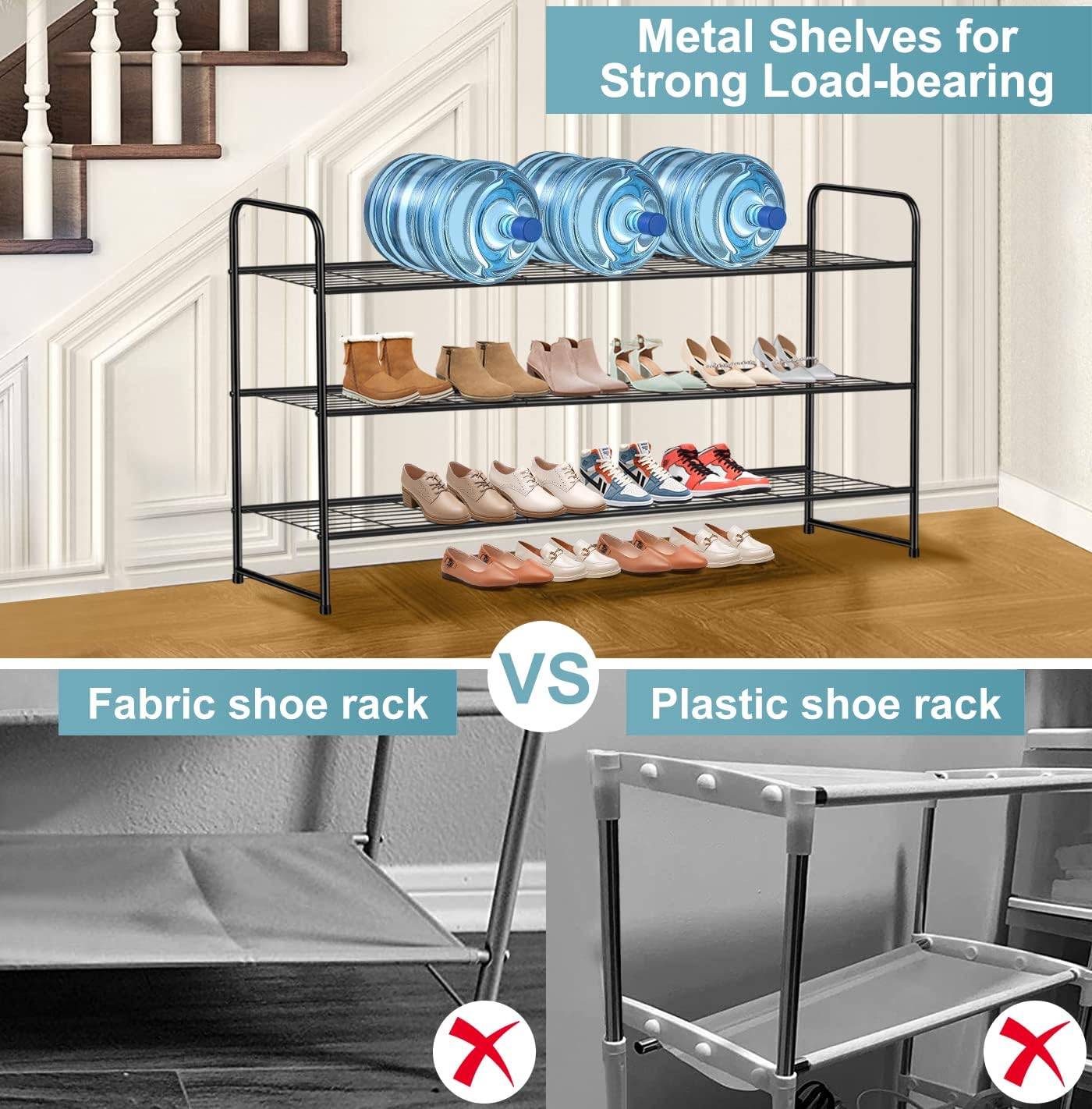 AOODA Long 3 Tier Metal Shoe Rack for Closet Wide Stackable Shoe Storage Organizer for Entryway, Bedroom, Floor, 24-Pairs Men Sneakers Shoe Shelf with Wire Grid, Black