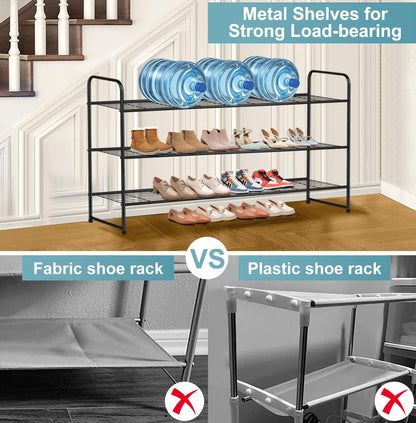 AOODA Long 3 Tier Metal Shoe Rack for Closet Wide Stackable Shoe Storage Organizer for Entryway, Bedroom, Floor, 24-Pairs Men Sneakers Shoe Shelf with Wire Grid, Black