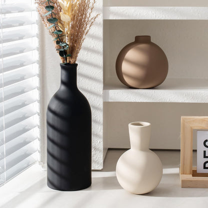 Ceramic Vase Set of 3, Modern Minimalist Neutral Home Decor, Boho Rustic Farmhouse Decorative Vases for Pampas Grass Dried Flowers | Table Centerpiece Entryway Mantel Bookshelf(Black Mix Set - Gray#1)