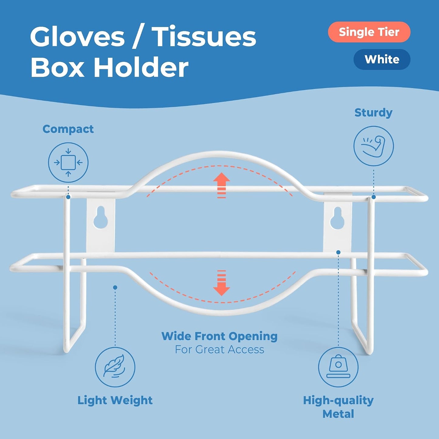 FMP Brands Single Glove Holder for Wall Mount, Wire Rack Disposable Napkin Gloves Box Holder, White Durable Metal Organizer Dispenser for Food Service, Lab, Office, Home, and Garage
