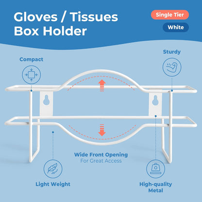 FMP Brands Single Glove Holder for Wall Mount, Wire Rack Disposable Napkin Gloves Box Holder, White Durable Metal Organizer Dispenser for Food Service, Lab, Office, Home, and Garage