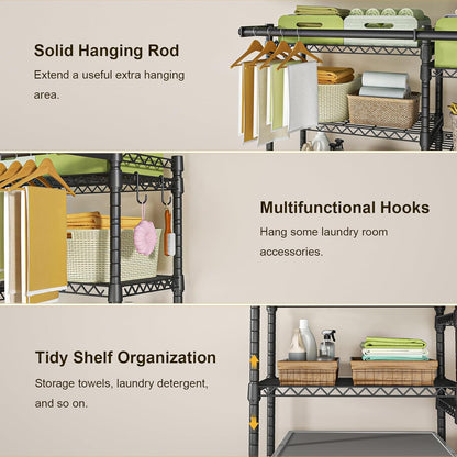 Ulif U13 Medium Over Washer and Dryer Storage Shelves, 6 Tiers Laundry Room Standing Shelf with 2 Hanger Rods, Space Saver Clothes Drying Rack, 57.8" W x 22" D x 77.4" H, Black