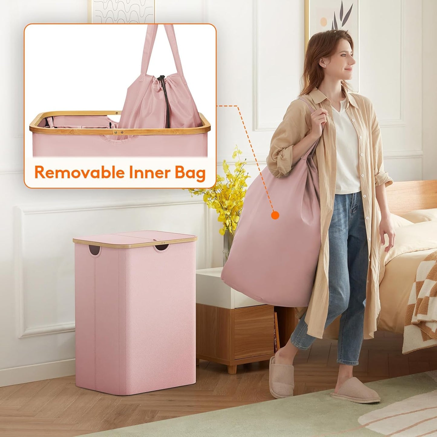 Lifewit 120L Laundry Basket with Lid, Clothes Hampers for Laundry with Bamboo Handles and 2 Removable Bag, Large Foldable Laundry Hamper for Bedroom, Bathroom, Dorm, Laundry Room, Beige