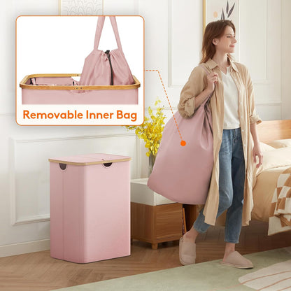 Lifewit 120L Laundry Basket with Lid, Clothes Hampers for Laundry with Bamboo Handles and 2 Removable Bag, Large Foldable Laundry Hamper for Bedroom, Bathroom, Dorm, Laundry Room, Beige