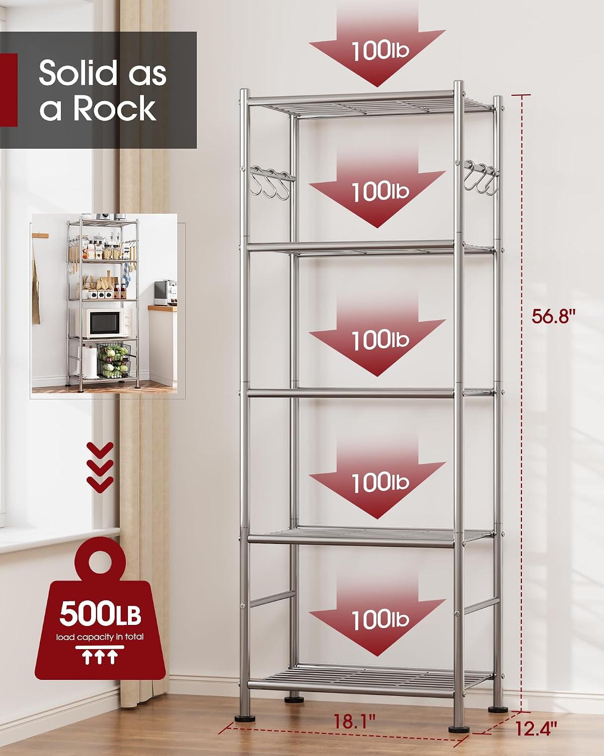 Sakugi Storage Shelves - 5-Tier Large Capacity Shelf Organizer with Hooks, Heavy-Duty Garage Shelving with Leveling Feet, Wobble-Free Rack for Bedroom, Balcony, Garage, 18.1"×12.4"×56.8", Black