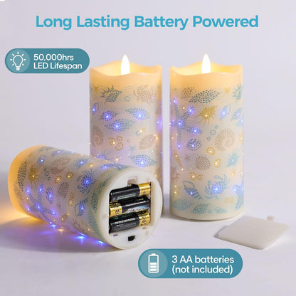Eywamage Fiber Optic Flameless Pillar Candles with Remote, Floral Butterfly Spring LED Candles Flickering Home Decor Gift Set of 3