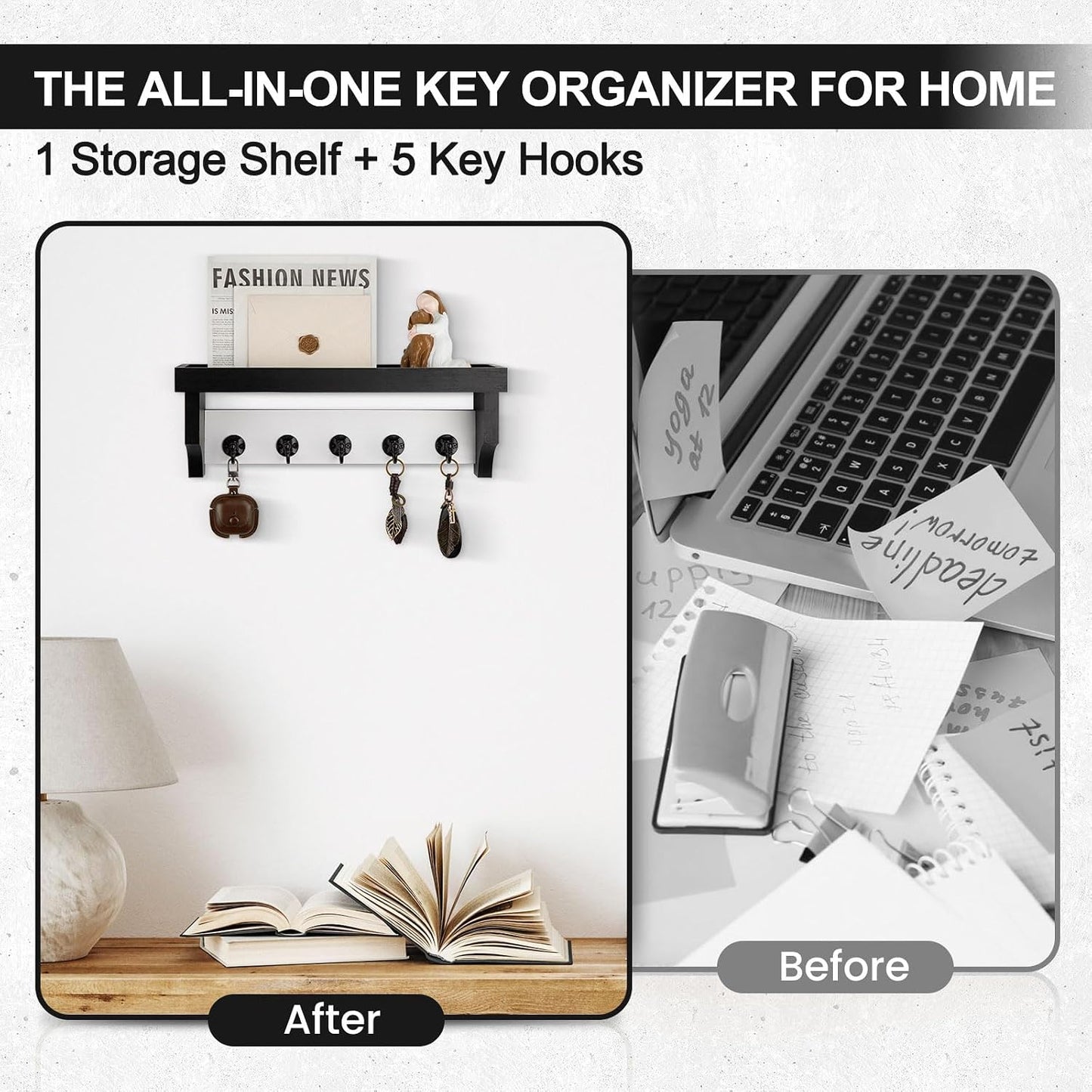 Key and Mail Holder Wall Mount, Key Holder with Shelf and Mail Organizer Wall Mount. Mail Holder with 5 Hooks for Coat, Dog Leash, Home Decor Rack, Entry Way Organizer (White)