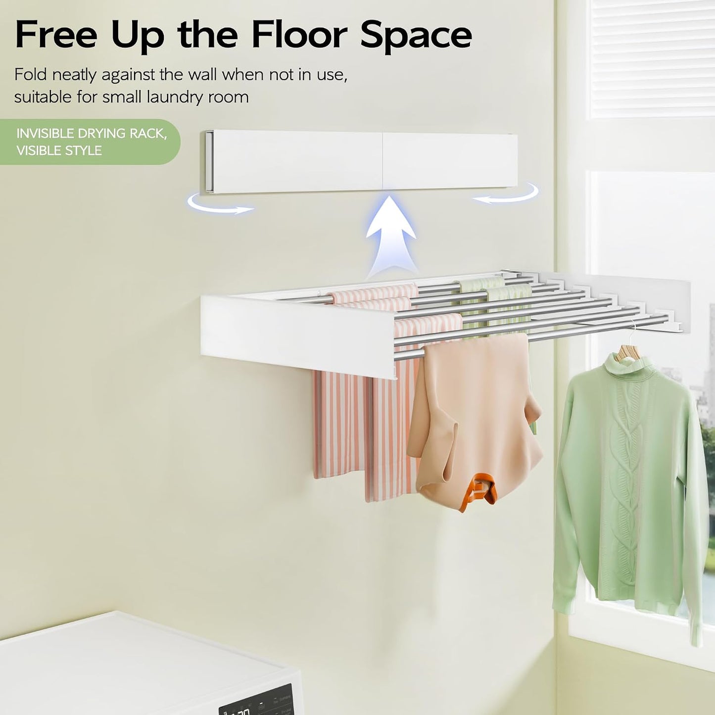 Vikaqi Wall Mounted Clothes Drying Rack 32", Foldable Wall Mount Laundry Rack Folding Indoor, Drying Rack Clothing Collapsible, Hidden Space Saver with Wall Template, 5 Rods, White