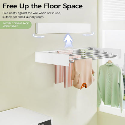 Vikaqi Wall Mounted Clothes Drying Rack 32", Foldable Wall Mount Laundry Rack Folding Indoor, Drying Rack Clothing Collapsible, Hidden Space Saver with Wall Template, 5 Rods, White