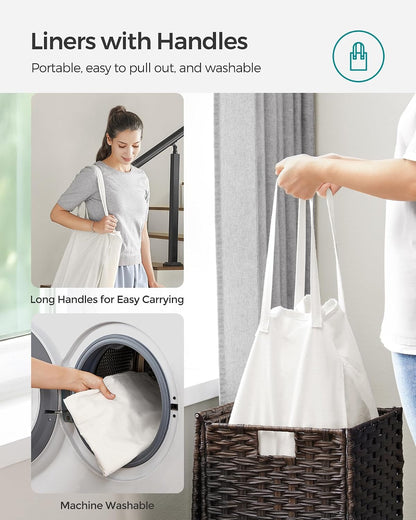 SONGMICS Laundry Hamper with Lid, 23.8 Gallon (90 L) Synthetic Rattan Clothes Laundry Basket with Lid and Handles, Foldable, Removable Liner, Chestnut Brown ULCB051K02