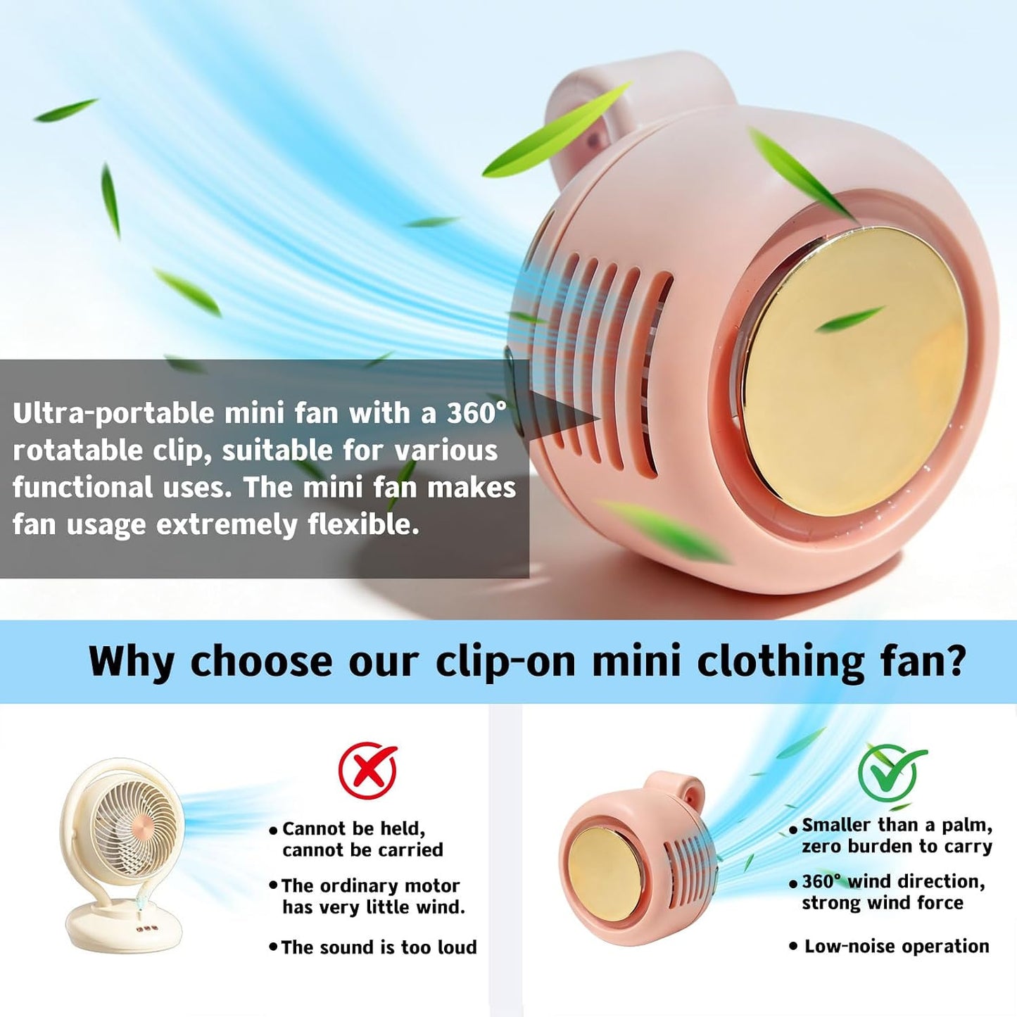 Portable Silent Clip-On Bladeless Personal Fan, Wearable Waist & Neck Fan, 360° Rotation, 3 Speeds, USB-C Rechargeable, Compact & Lightweight, Hands-Free Cooling for Travel, Office & Outdoor (Pink)