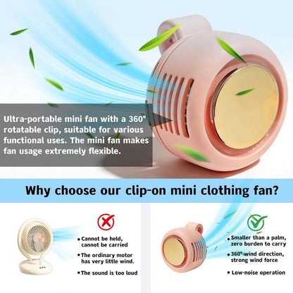 Portable Silent Clip-On Bladeless Personal Fan, Wearable Waist & Neck Fan, 360° Rotation, 3 Speeds, USB-C Rechargeable, Compact & Lightweight, Hands-Free Cooling for Travel, Office & Outdoor (Pink)