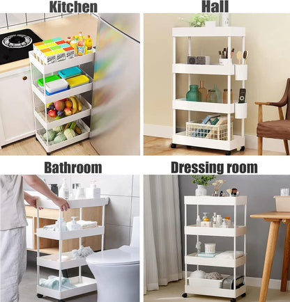 4 Tier Slim Rolling Utility Kitchen Cart Bathroom Organizer for Narrow Places Multipurpose Storage Shelve Mobile Trolley for Bedroom Laundry Office Restaurant Garage Pantry (Black)