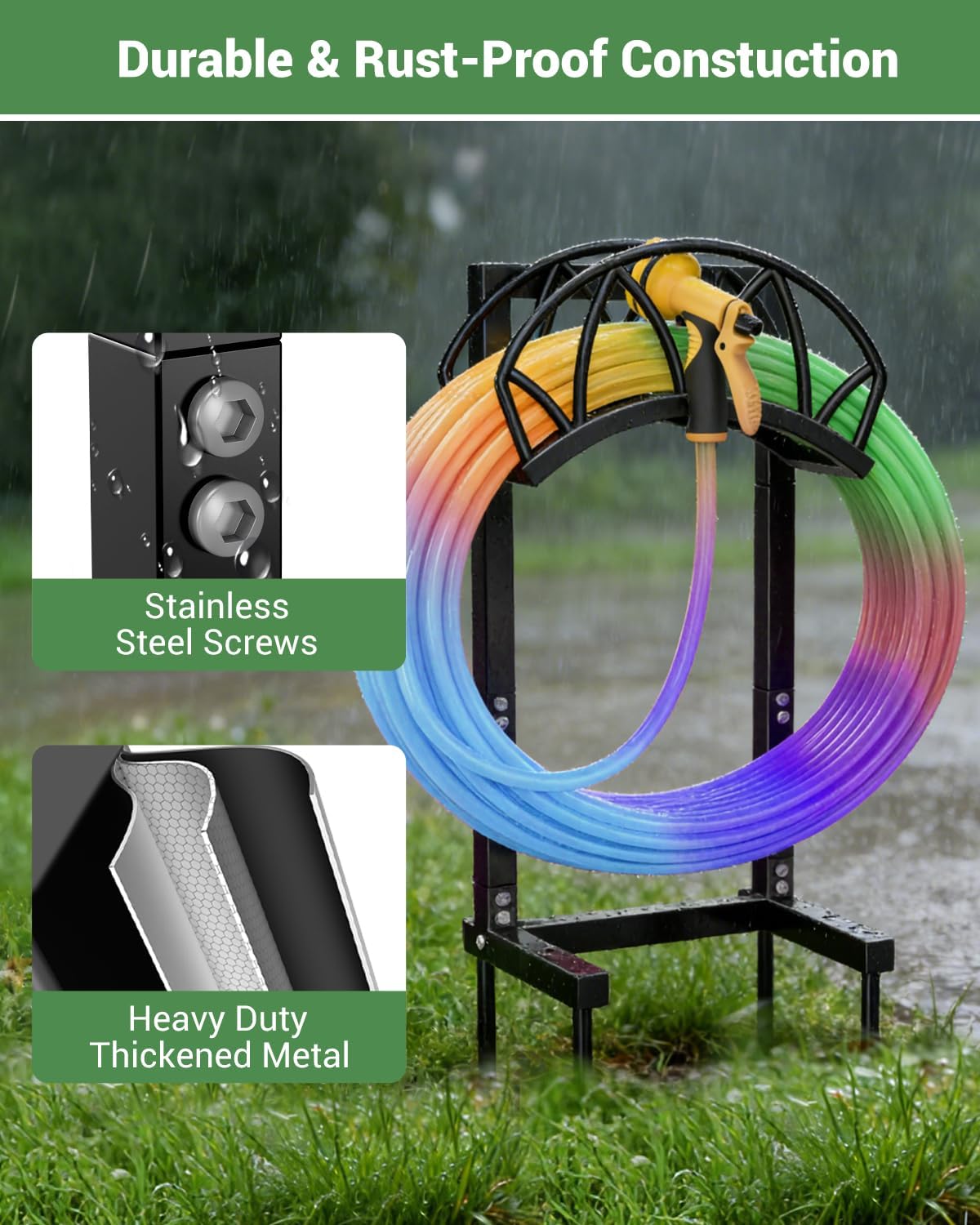 HZE Garden Hose Holder, Freestanding Water Hose Reel Stand for Outside, Heavy Duty Detachable Metal Storage Rack Holds 160 FT for Yard Lawn Farm, Black