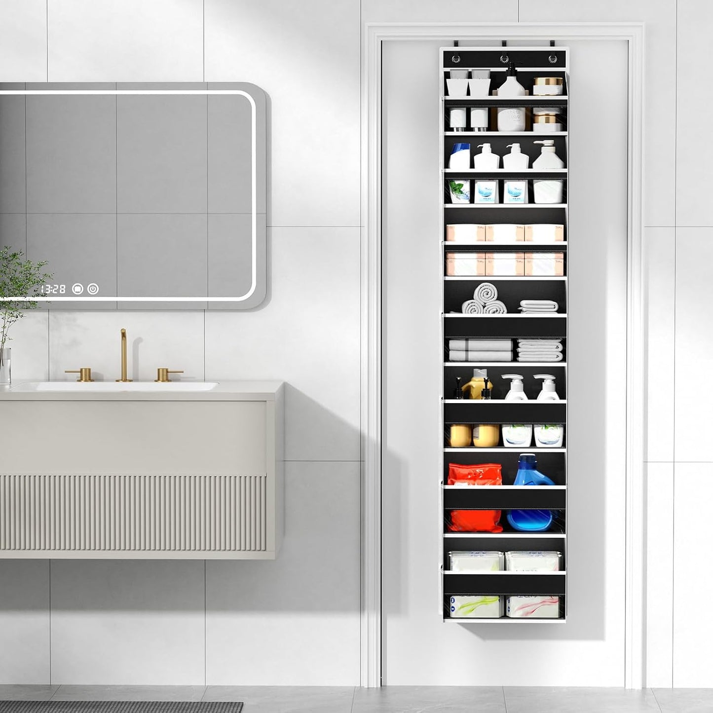 6 Tiers Over The Door Organizer, Heavy Duty Hanging Organizer Storage with Large Capacity Pockets, Behind Door Storage Hanging Shelves for Closet Wall Bathroom Bedroom Nursery Pantry, 1 Pack Grey