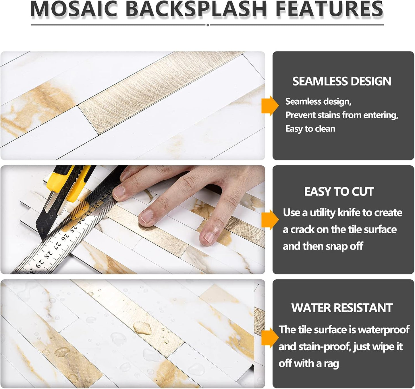 STICKGOO 20 Sheets Peel and Stick Backsplash Tile, Stick on Backsplash for Kitchen and Bathroom, White Sandstone Look PVC Mixed Metal Gold Self Adhesive Wall Tiles