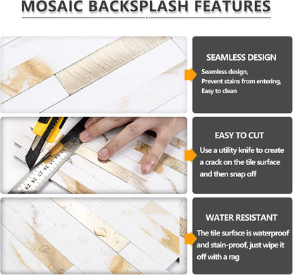 STICKGOO 20 Sheets Peel and Stick Backsplash Tile, Stick on Backsplash for Kitchen and Bathroom, White Sandstone Look PVC Mixed Metal Gold Self Adhesive Wall Tiles