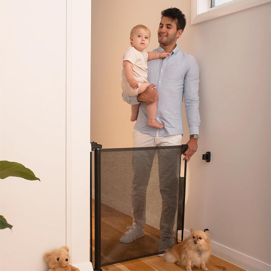 Retractable Baby Gate Perma Child Safety 33" Tall x 55” Wide, Mesh, for Stairs, Doorways, Dogs, Pets, Indoor, Outdoor, One-Handed Operation, Locking, Easy Install, Hardware Mount, White