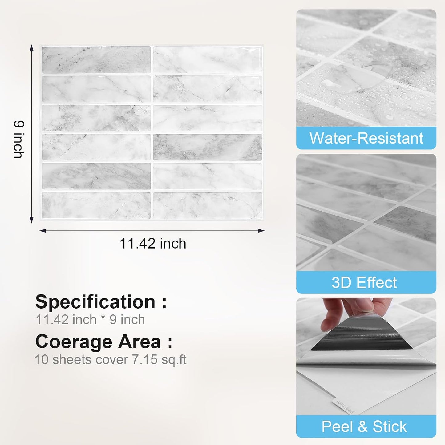 Peel and Stick Backsplash Tiles – Easy DIY Self-Adhesive Subway Wall Tiles, 10 Pack for Kitchen & Bathroom, 11.42'' x 9'' (White Grey)