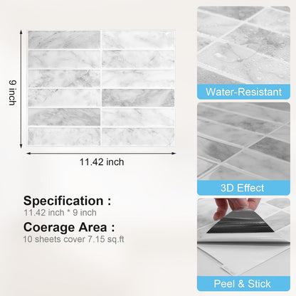 Peel and Stick Backsplash Tiles – Easy DIY Self-Adhesive Subway Wall Tiles, 10 Pack for Kitchen & Bathroom, 11.42'' x 9'' (White Grey)