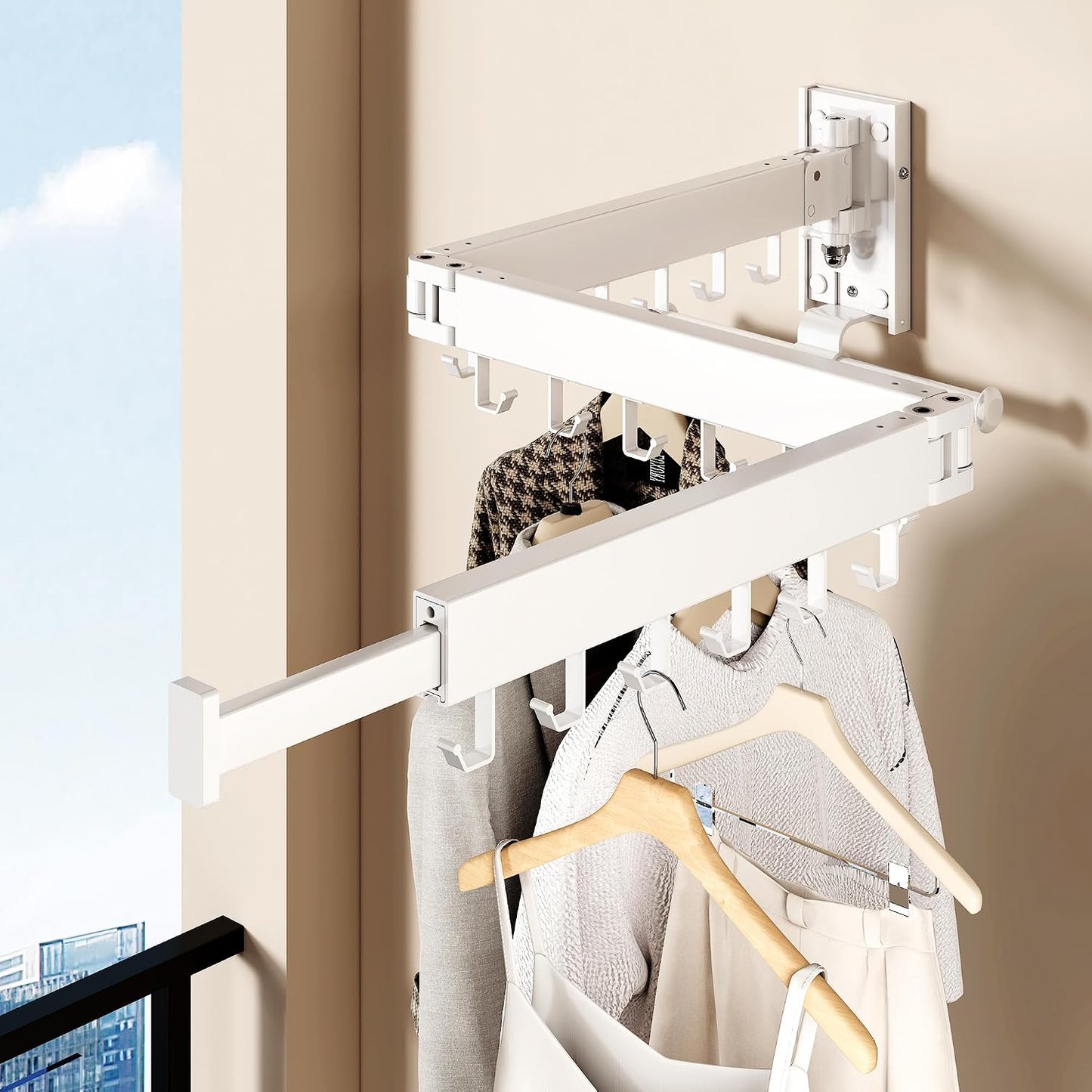 Wall Mounted Tri-Fold Clothes Drying Rack, Heavy Duty Collapsible Laundry Drying Rack, Space-Saving Retractable Foldable Drying Rack Clothes for Laundry Room Balcony Bathroom,Black-Hooks