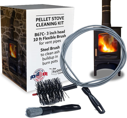 Pellet Stove & Dryer Vent Cleaner Kit – 3 inch Head and 10 ft Long Steel Flexible Brush for Fireplace Chimney, Ash, Lint & Soot Buildup Removal - Pellet Stove Cleaning Kit by FryOilSaver B67C