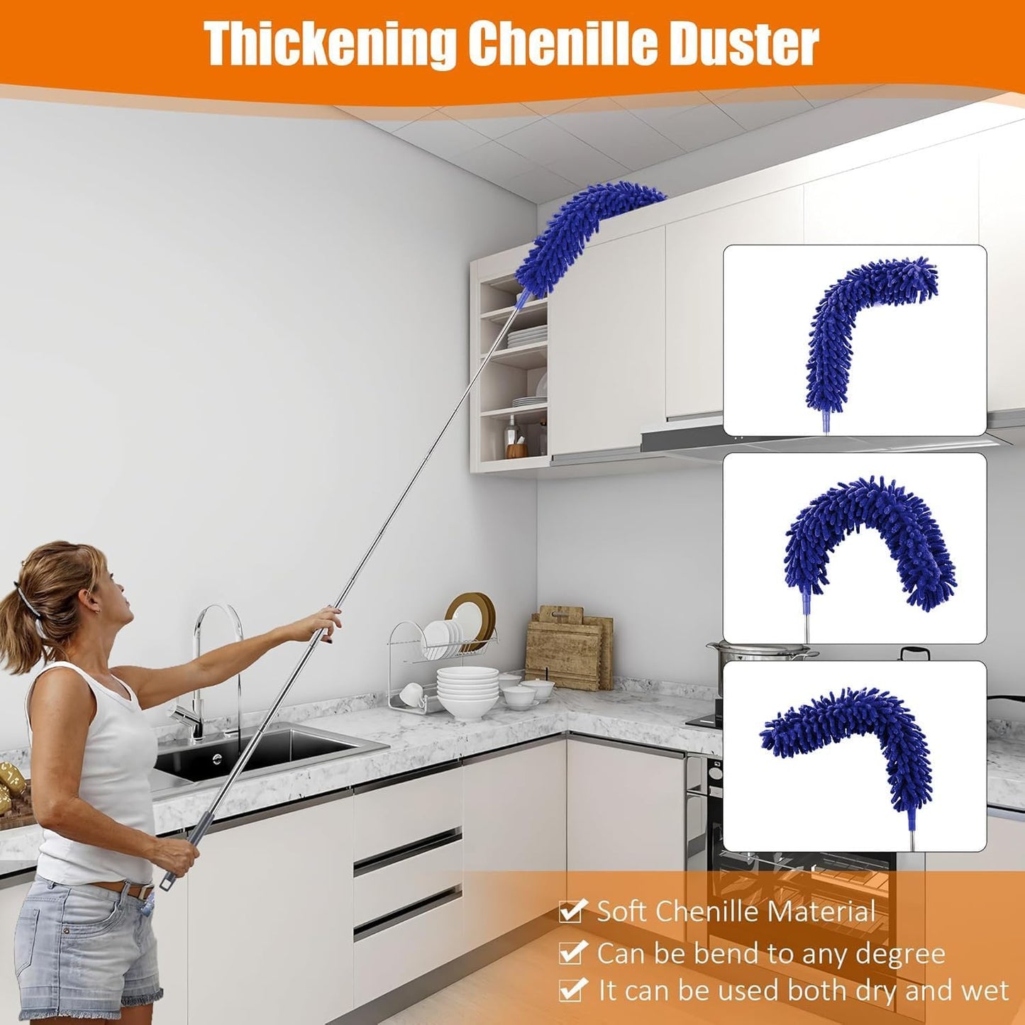 4 Pcs Microfiber Cobweb Duster with 100-inch Extendable Pole, Washable and Reusable Feather Cleaning Duster Kit with 3 Duster Heads,Dusters for Cleaning with Telescopic Pole for High Ceiling Fan