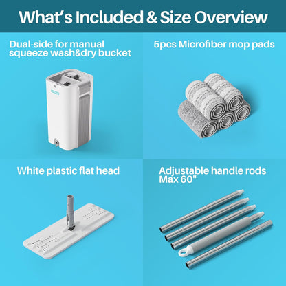 JOYMOOP Mop and Bucket Set, Flat Mops for Floor & Wall Cleaning, Commercial & Household Use, Hardwood Floor Mop with Long Handle & 4 Microfiber Pads