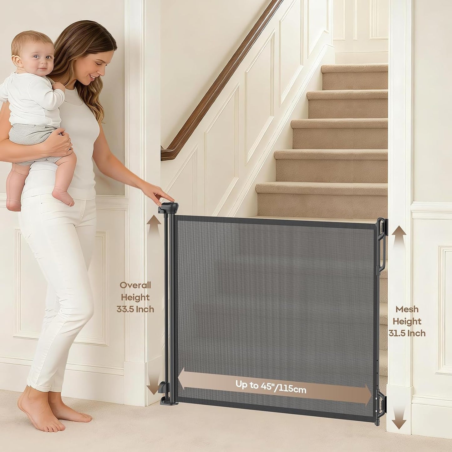 SPACEANY Retractable Safety Baby Gate or Mesh Dog Gate,Durable Portable Mesh Retractable Gate,Easy to Use for Stairs, Doorways, Hallways, Indoor, Outdoor, 33.5" Tall, Up to 45" Wide, Cream
