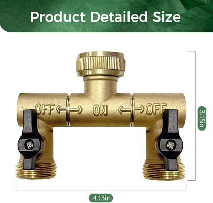 Garden Irrigation 2-Way Brass Splitter - Solid Brass Full Flow 3/4 Inch Dual Outlet Valve with Black Knobs, Freeze & Rust Resistant
