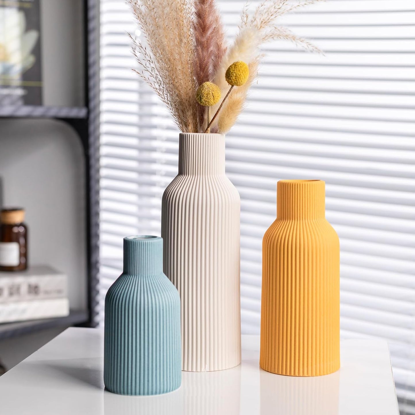 White Ceramic Flower Vases Set of 3, Modern Matte Vertical Ribbed, Nordic Minimalist Decor for Pampas, Dried & Fresh Flowers, Centerpiece for Living Room, Shelf, Entryway, Wedding,Office
