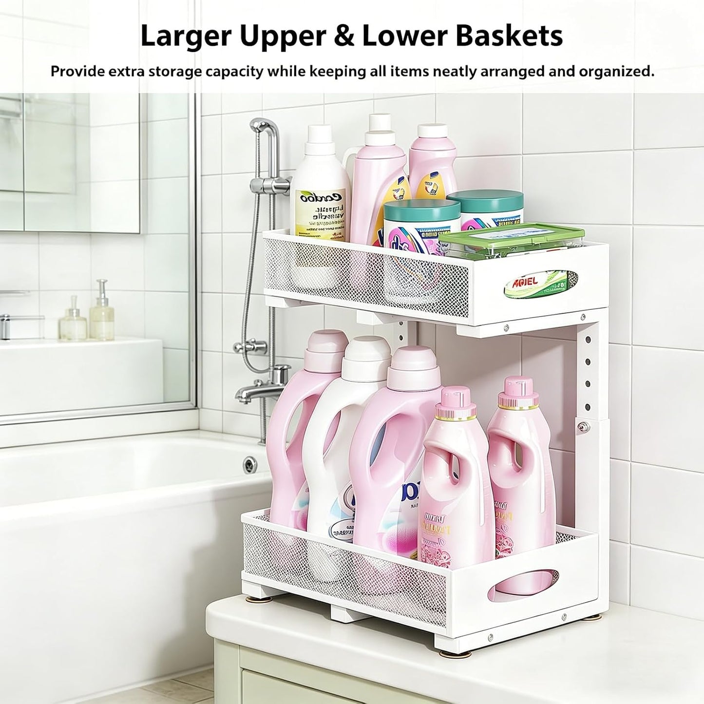 2 Pack Under Sink Organizer, 3-Tier Pull Out Kitchen Cabinet Organizer with 5 Adjustable Heights Metal Slide Out Bathroom Storage Makeup Drawer Rack for Bedroom Office Pantry Home Organization, White