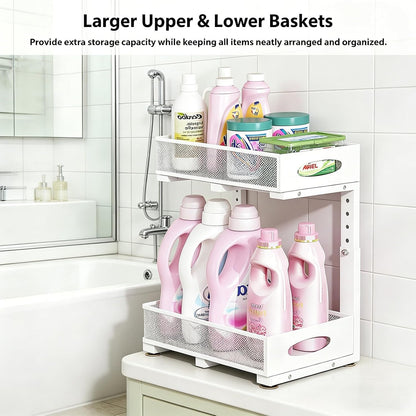 2 Pack Under Sink Organizer, 3-Tier Pull Out Kitchen Cabinet Organizer with 5 Adjustable Heights Metal Slide Out Bathroom Storage Makeup Drawer Rack for Bedroom Office Pantry Home Organization, White