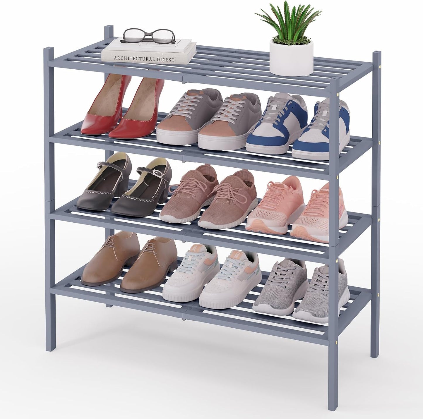 Smiry Bamboo Shoe Rack, 3 Tier Free Standing Wooden Shoe Organizer, Stackable Wood Shoe Storage Shelf for Closet, Entryway, 5 Horizontal Slats, 26.8"x11"x18.3", Natural