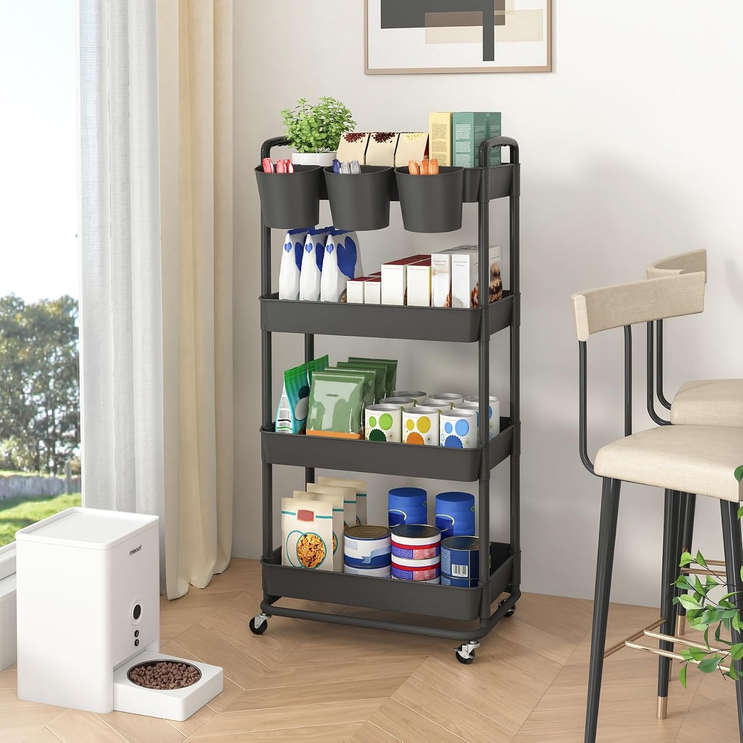 JIUYOTREE 4-Tier Plastic Rolling Storage Cart Utility Cart with Extra Hanging Cups Handles Lockable Wheels for Living Room Bathroom Kitchen Office White