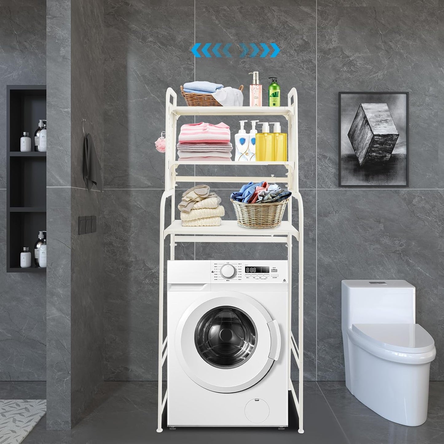 3-Tier Over The Washer and Dryer Storage Shelf, Washing Machine Shelf with Adjustable Height & Hooks, Over Toilet Laundry Room Drying Storage Rack with Pigboard, Space Saver (Gray)