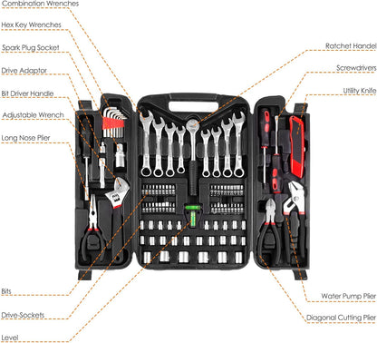 TLGREEN 95 Piece Tool Set, Tool Kit, Mechanics Tool Set, Portable Toolbox with Adjustable Wrench Pliers Socket Bits, with Plastic Toolbox, for House Apartment Garage (Red)