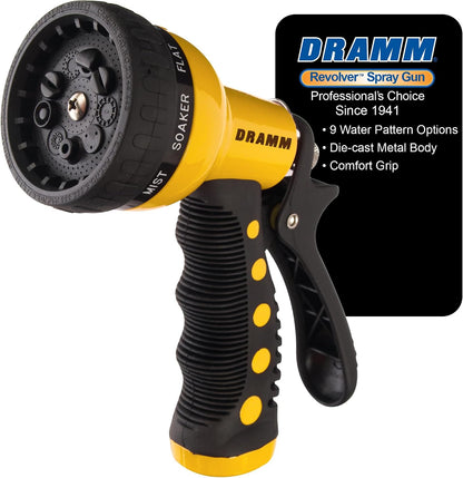 Dramm Revolver Heavy Duty Metal Garden Hose Nozzle – 9 Spray Patterns, High Pressure Jet, Thumb-Control Flow, Ergonomic Grip – Green