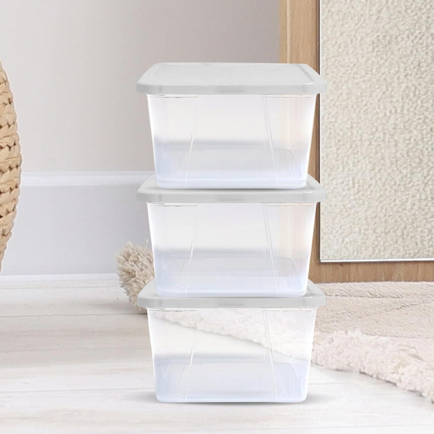 HOMZ 2-Pack Snaplock, Small Clear Plastic Storage Organizer Bins w/ Lids, 28 Quart, Gray - Stackable Container Boxes for Bedroom, Bathroom, Garage, and Office Organization