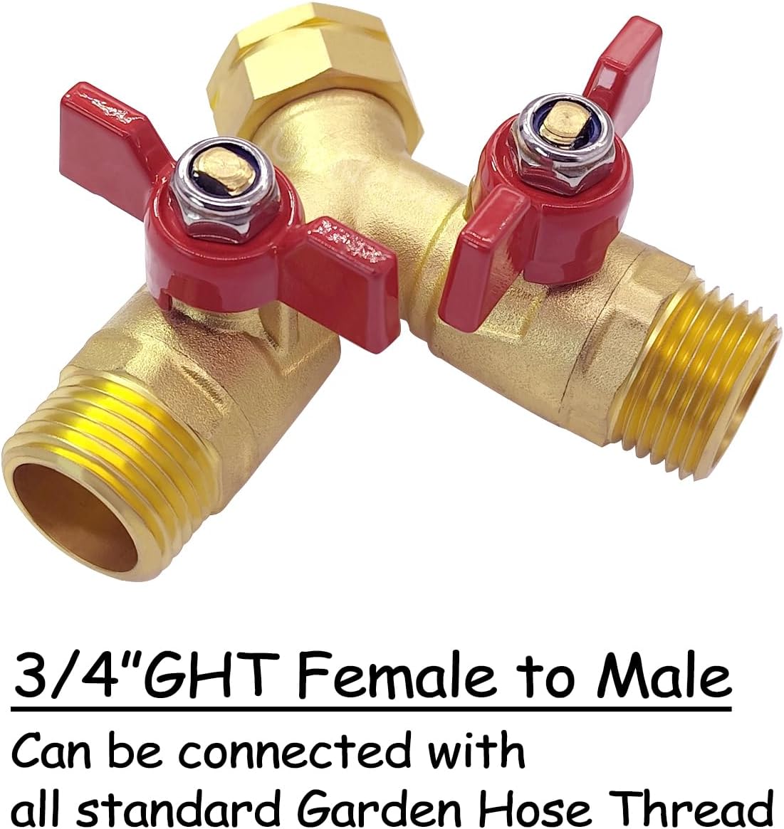 Uenede Brass Full Flow Garden Hose Splitter 3/4" GHT Heavy Duty 2 Way Y Valve Water Hose Shut Off Outdoor Faucet Splitter Connector Adapter with Long Handle